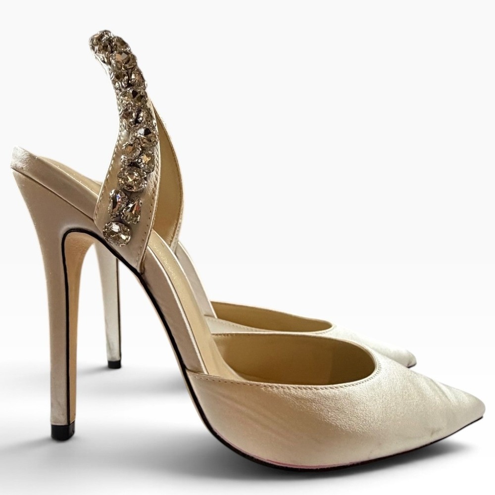 Aminah Abdul Jillil Soleil White Satin Crystal Slingback Pumps Heels Size 7